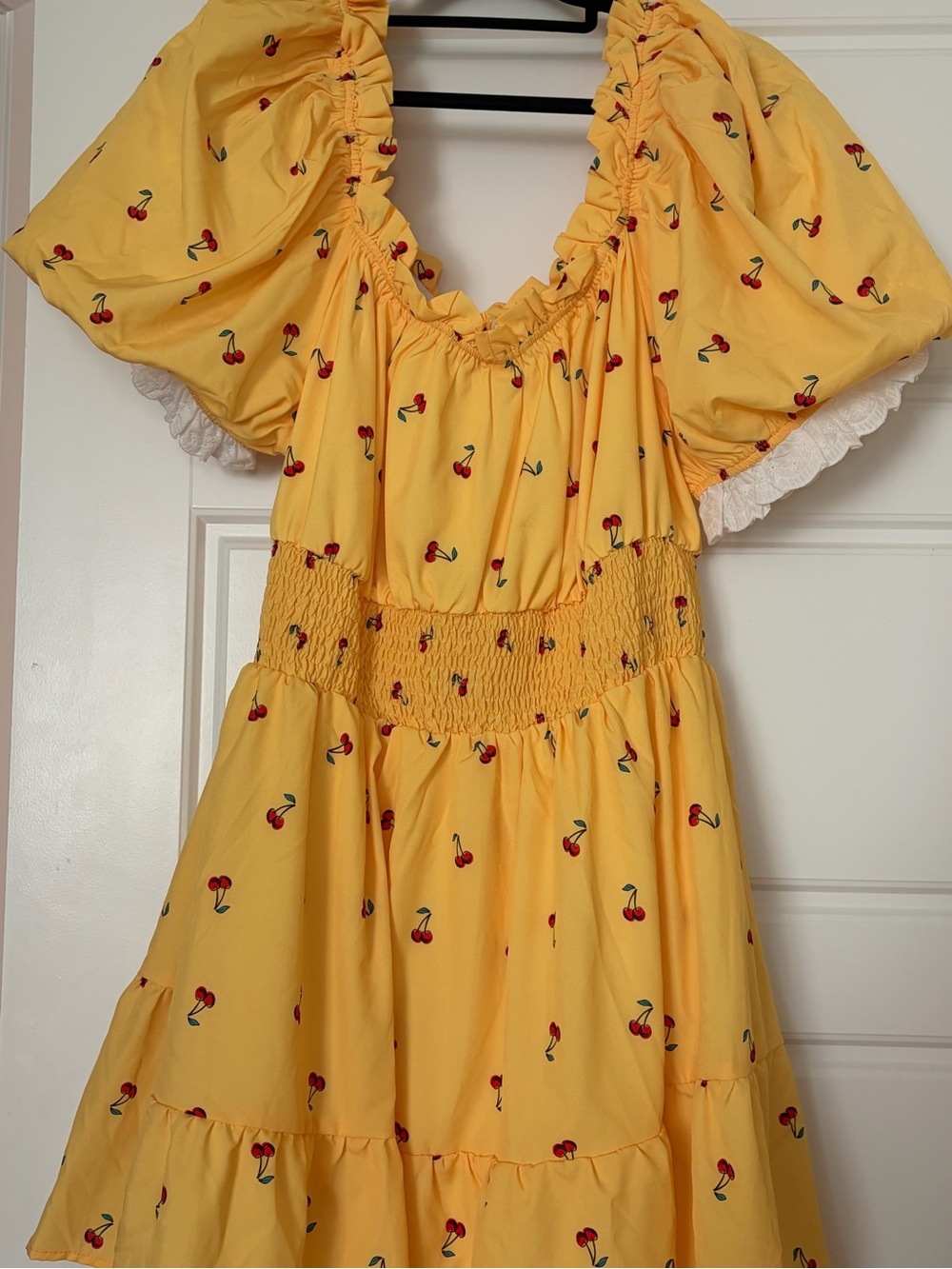 SHEIN Yellow Cherry Print Puff Sleeve Sundress